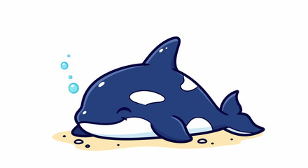 Obraz premium Cute cartoon killer whale resting on sandy seabed.