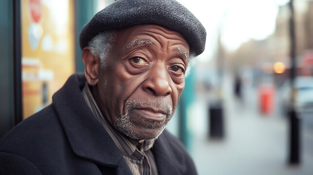 Close-up of a serious elderly man wearing a cap and coat. The man has a slight frown and is looking towards the camera with a thoughtful and attentive expression on his face.