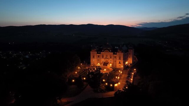 Aerial night view of Halic Castle in the village of Halic in Slovakia