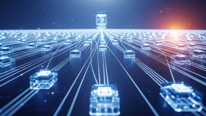 Network of glowing circuits, data streams converge on central hub