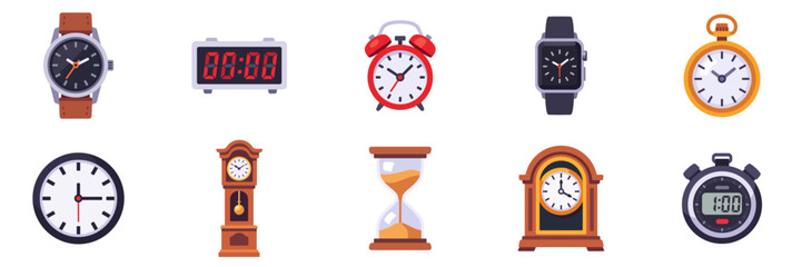 Timekeeping icon set with ten clock and timer types, collection, isolated flat style vector illustrations