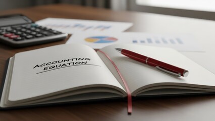 Open book displays "Accounting Equation" next to charts, pen, calculator