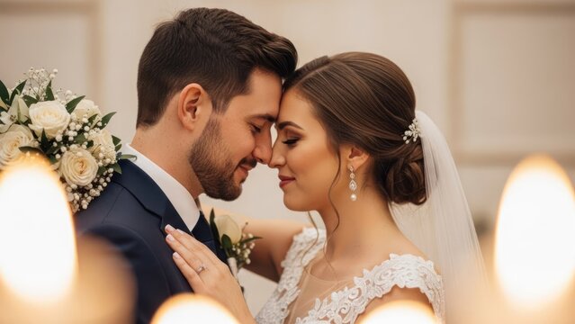 Newlyweds embracing intimately, foreheads touching, dressed for ceremony