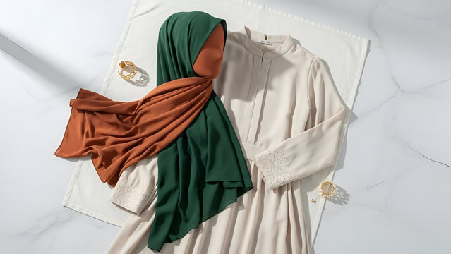 Elegant Modest Fashion Flat Lay with Hijab and Neutral Outfit