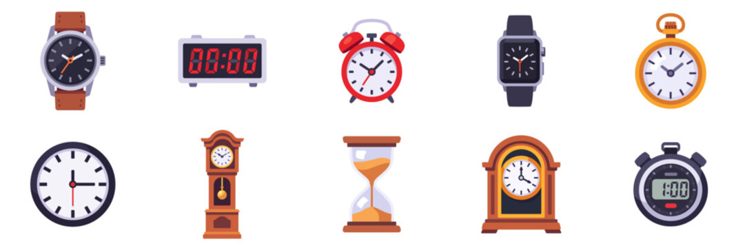 Timekeeping icon set with ten clock and timer types, collection, isolated flat style vector illustrations