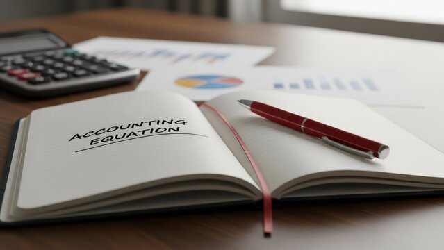 Open book displays "Accounting Equation" next to charts, pen, calculator - Powered by Adobe