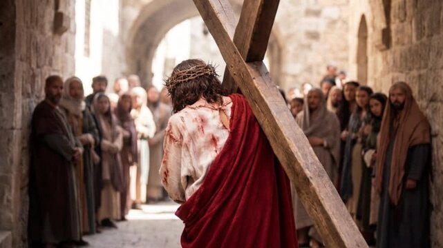 Jesus carrying the cross on the Via Dolorosa