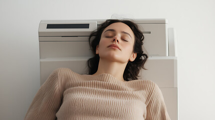 A young woman is seen in repose against an office machine, her eyes gently closed as she finds a moment of peace. The clean, minimalist background adds to the sense of serenity.