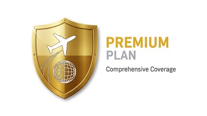 Premium plan shield with globe icon isolated on white background