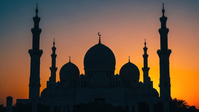Ornate mosque silhouette against vibrant sunset sky - Powered by Adobe