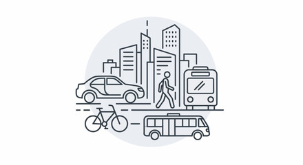 Fototapeta premium City transportation with cars, buses, bicycles, and pedestrians.