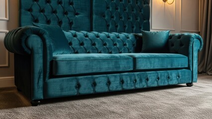 Plush teal chesterfield sofa with button tufting on a textured carpet