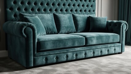 Fototapeta premium Plush teal tufted sofa with deep cushioning and elegant rolled arms