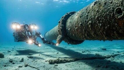 Robotic arm inspects corroded underwater pipeline on sandy seabed