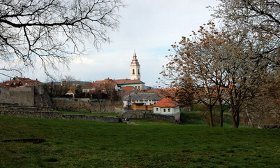 Fototapeta premium Scenic view of the historic town of Sárospatak, with a church tower rising above houses and old stone walls in Hungary.
