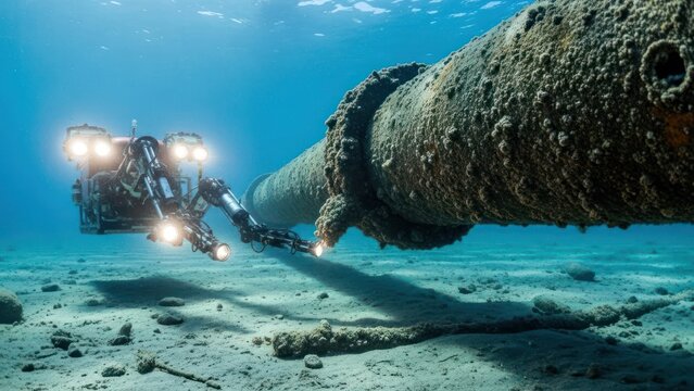 Robotic arm inspects corroded underwater pipeline on sandy seabed
