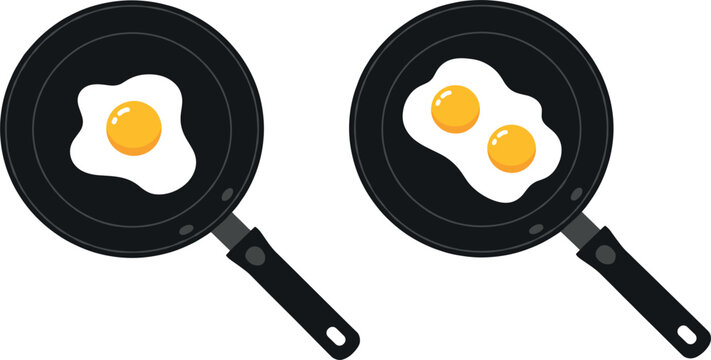 Vector Illustration of Single and Double Fried Eggs Cooking in Frying Pans