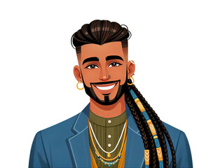 smiling man with long decorated braids, a beard, and gold jewelry, isolated on a white background
