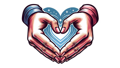 two hands coming together to form a heart shape with a blue celestial background, isolated on white
