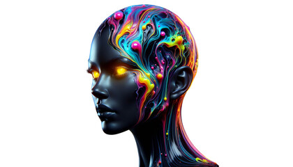 black humanoid head with glowing yellow eyes and vibrant, swirling liquid paint textures, isolated on white
