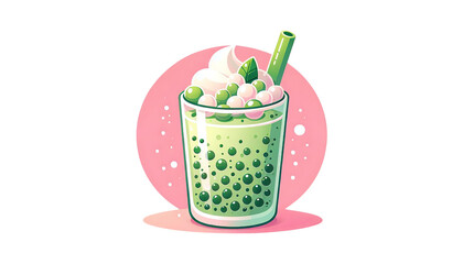matcha green tea boba drink with tapioca pearls, whipped cream, and a green straw, isolated on a white background
