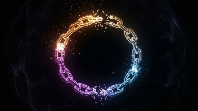 Broken chain transformed into a circle of light, resilience and unity theme.