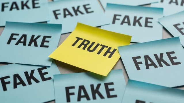 Scattered sticky notes with "FAKE" in blue and one yellow note with "TRUTH.