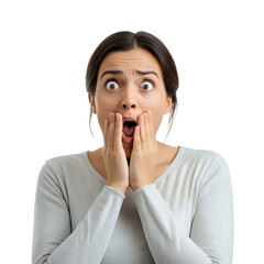 Surprised woman with shocked expression solid on transparent background.