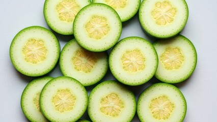 Slices of green fruit with light centers and seeds arranged artfully