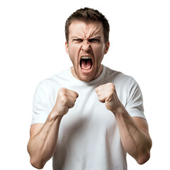 Angry man with fists clenched and mouth open in frustration solid on transparent background.