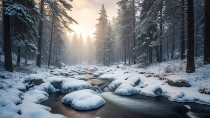 Snowy forest stream with misty sunlight filtering through evergreen trees
