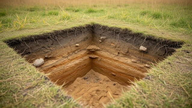 Square excavation reveals distinct soil layers in grassy field