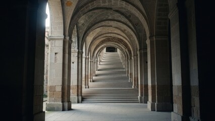 Obraz premium Stone arches ascend a grand, sunlit stairway, creating perspective