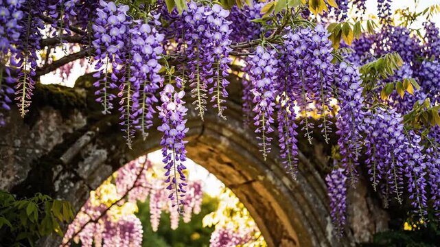 Purple Wisteria Blossoms Cascading Down an Old Stone Arch