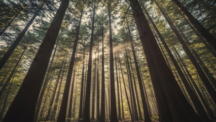 Sunlight streams through towering, ancient trees in a serene forest