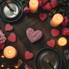 Romantic dinner table setting with candles and hearts