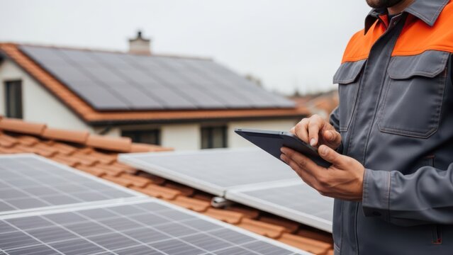 Technician monitors solar panel installation on a tiled roof