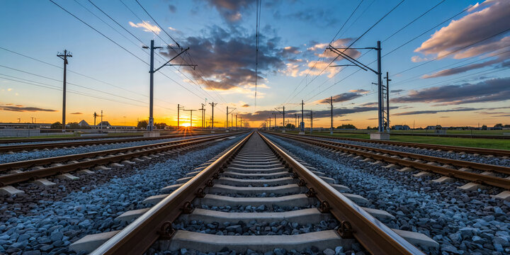 Parallel electrified railway tracks at sunset with a perspective view of the suburban landscape