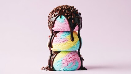 Three scoops of colorful ice cream piled high with dripping chocolate