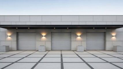Three identical industrial garage doors under a dark overhang with modern lighting