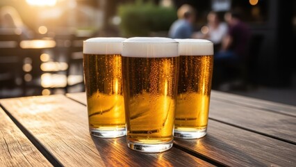 Three golden beers with frothy heads on a wooden table, people blurred background