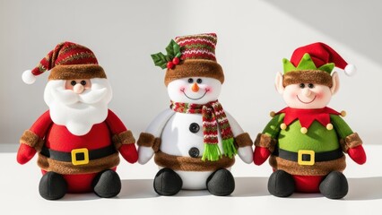 Obraz premium Three plush Christmas characters, Santa, snowman, and elf, stand together
