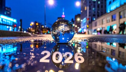 Majestic 2026 Ball Drop Reflection in New York Puddl e at Midnight