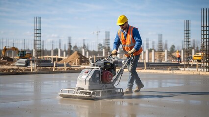 Construction worker operating a power trowel on wet concrete. Industrial builder finishing a cement floor foundation at a building site