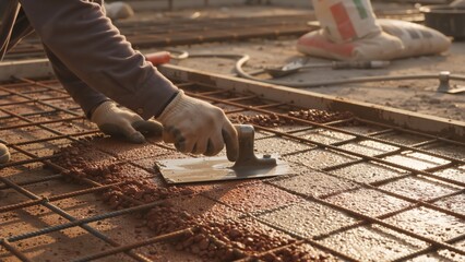 Construction worker smoothing wet concrete with trowel. Builder hands leveling cement over steel rebar grid at sunset. Industrial site foundation work