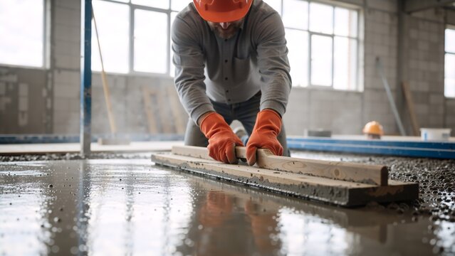 Construction worker smoothing wet concrete floor with a wooden float. Builder leveling cement surface in an unfinished building. Industrial renovation concept