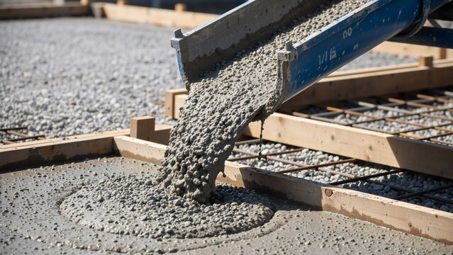 Pouring wet concrete from a mixer truck chute into a foundation with rebar. Industrial construction site work process