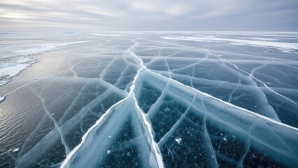 Vast, cracked, frozen surface stretches to horizon under a cloudy sky
