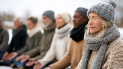 Serene meditation circle in park for mindfulness and relaxation during winter