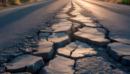 A long deep crack runs through the center of an asphalt road with large jagged pieces broken apart and sunlight reflecting off the uneven surface in the quiet landscape